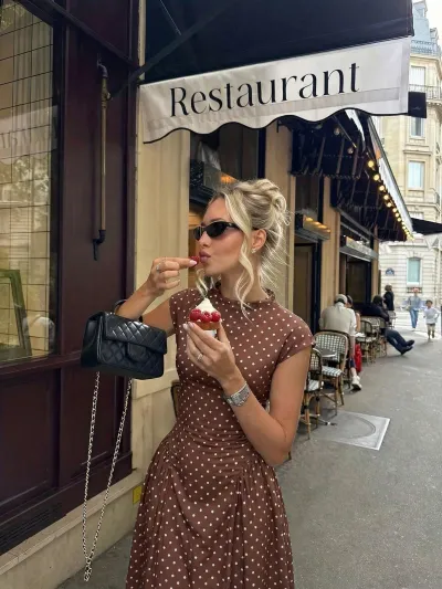 Women Fashion Retro Elegant Polka Dot Print Short-Sleeve A- Line Dress