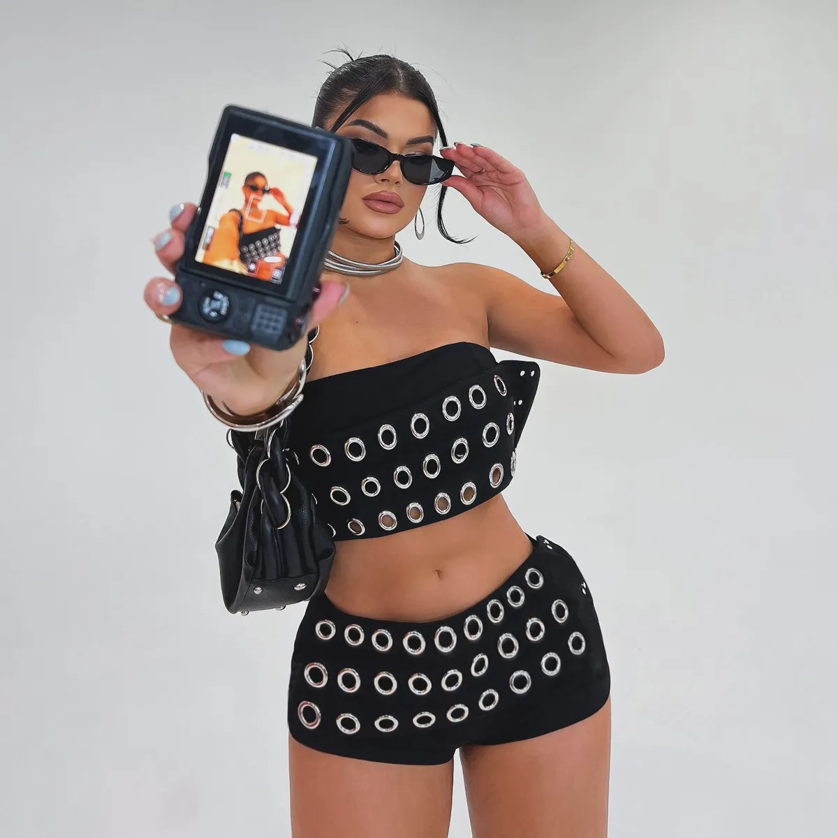 Y2K Women Street Fashion Punk Metal Eyelet Cutout Strapless Top And Shorts Two-Piece Set