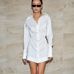 Women Fashion Casual Office Solid Color Cotton Long Sleeve Tight Waist Dress
