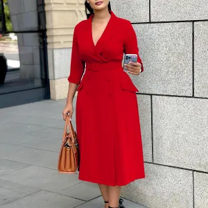 Women Fashion Casual Office Solid Color V-Neck Double-Breasted Long-Sleeve Belt Dress