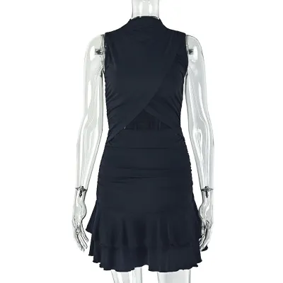 Women Fashion Sexy Y2k Solid Color Round Neck Hollow Pleated Waist Ruffled Dress