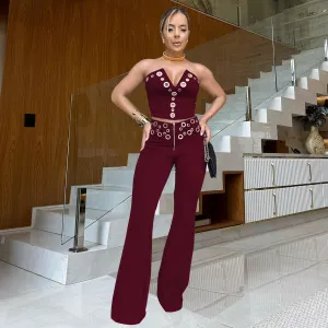 Y2K Women Sexy Metal Eyeelet Cutout Strapless Top And Pants Two-Piece Set