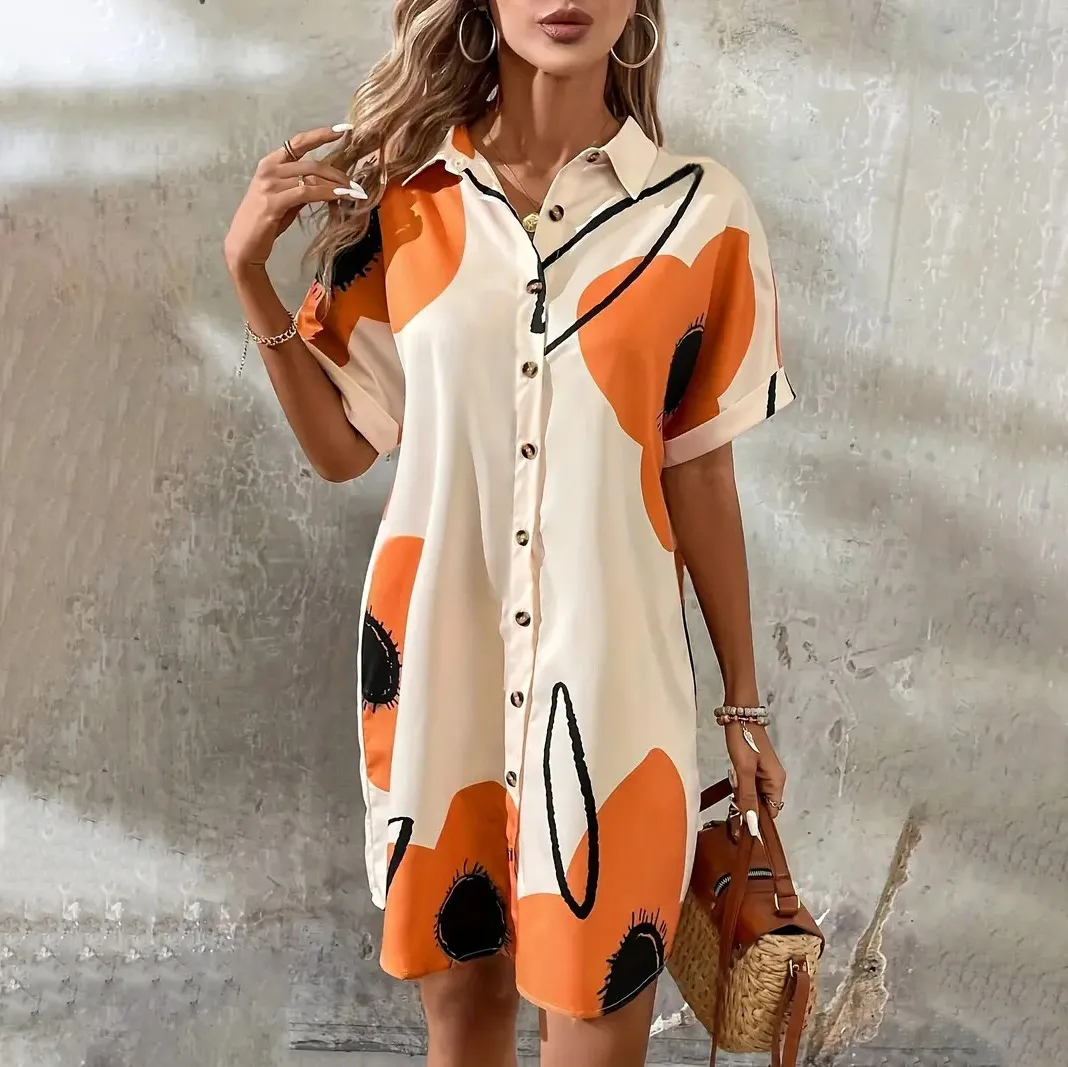 Women Fashion Casual Printed Satin Lapel Short-Sleeve Loose Blouse