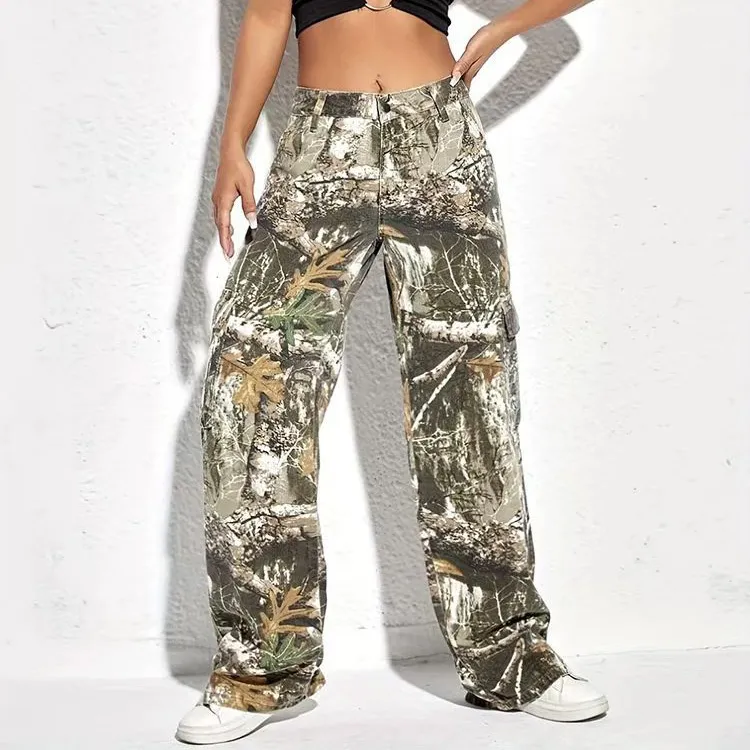 Women Fashion Casual Spring Camouflage Printed Zipper Straight Jeans