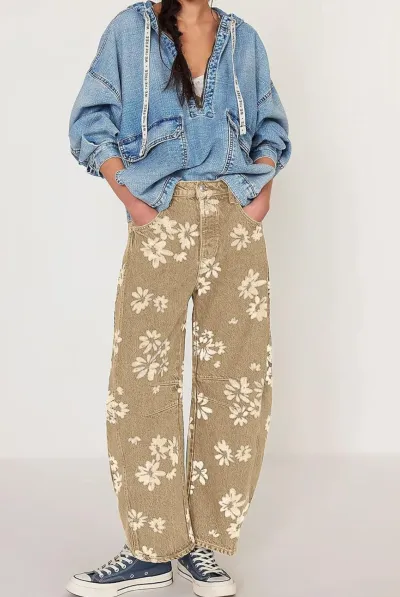 Women Fashion Casual Autumn And Winter Flower Printed Wide Leg Jeans