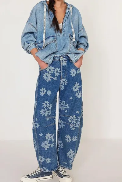 Women Fashion Casual Autumn And Winter Flower Printed Wide Leg Jeans