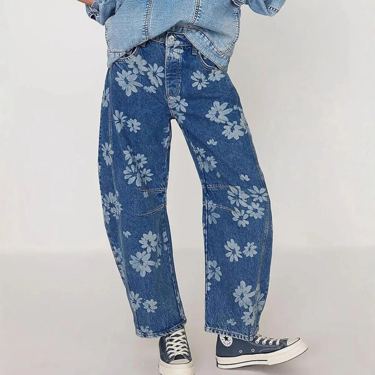 Women Fashion Casual Autumn And Winter Flower Printed Wide Leg Jeans