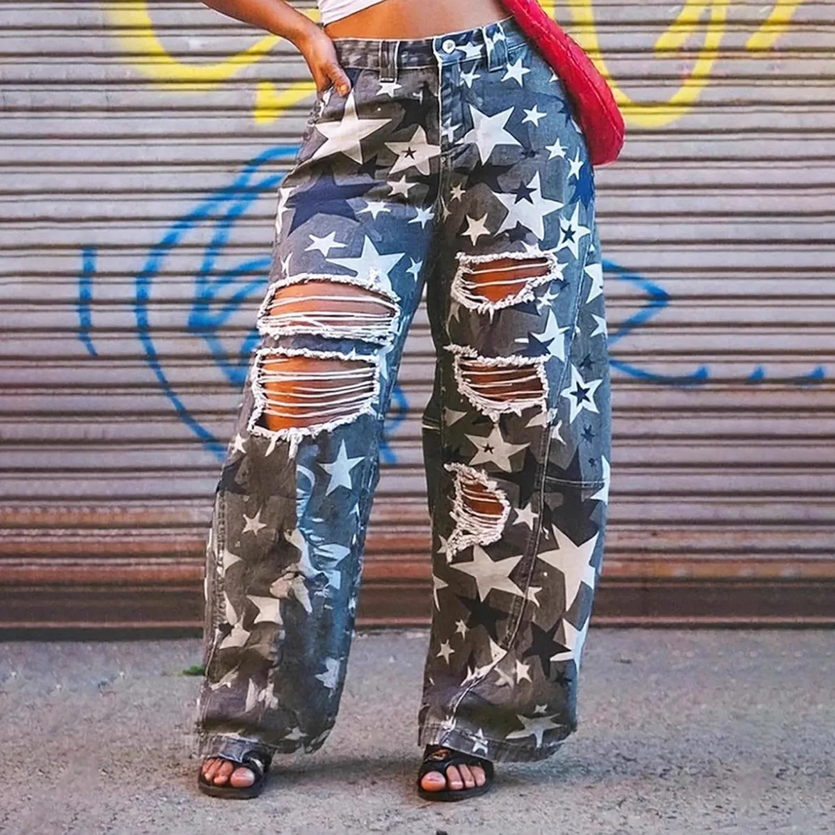 Women Fashion Casual Camouflage Star Printed Ripped Mid-Waist Washed Wide Leg Jeans