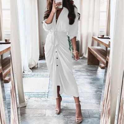 Women Fashion Casual Elegant Spring Printed V-Neck Long-Sleeve High Waist Dress