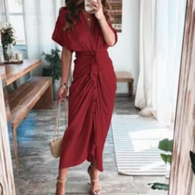 Women Fashion Casual Elegant Spring Printed V-Neck Long-Sleeve High Waist Dress