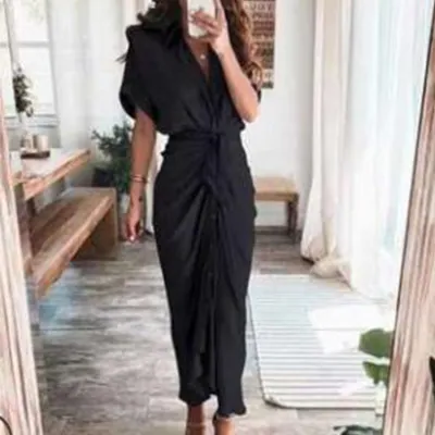 Women Fashion Casual Elegant Spring Printed V-Neck Long-Sleeve High Waist Dress