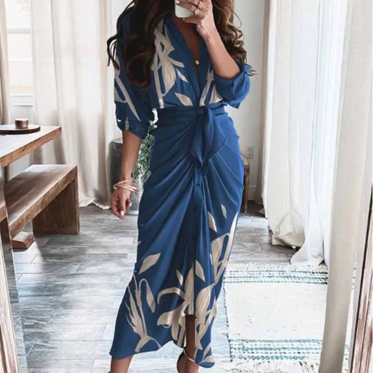 Women Fashion Casual Elegant Spring Printed V-Neck Long-Sleeve High Waist Dress