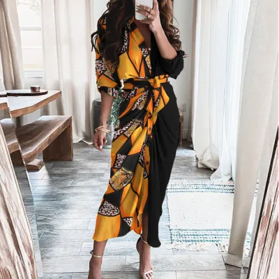 Women Fashion Casual Elegant Spring Printed V-Neck Long-Sleeve High Waist Dress