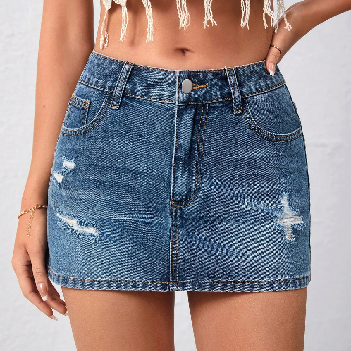 Women Fashion Retro Summer Ripped High Waist Stretch Denim Skirt