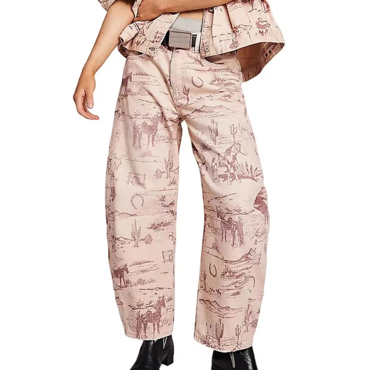 Women Fashion Casual Printed Mid-Waist Straight Jeans
