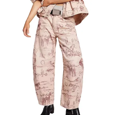 Women Fashion Casual Printed Mid-Waist Straight Jeans