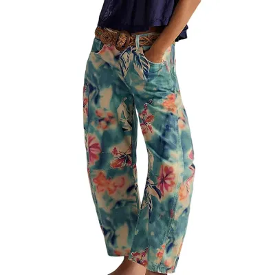 Women Fashion Casual Printed Mid-Waist Straight Jeans