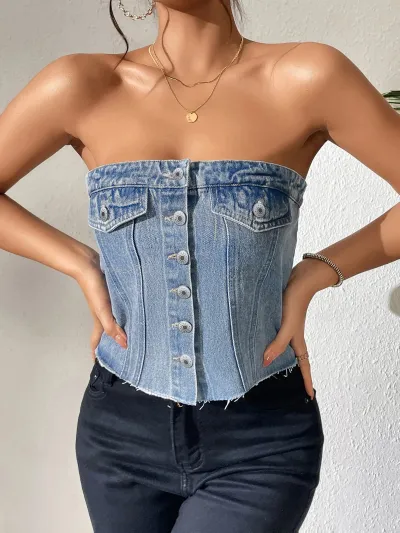 Women Fashion Sexy Single-Breasted Tight Denim Tube Top
