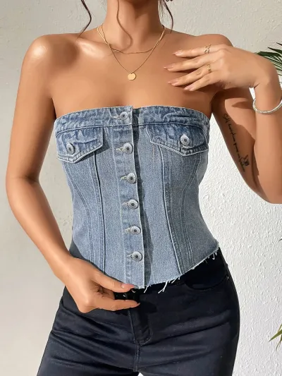 Women Fashion Sexy Single-Breasted Tight Denim Tube Top