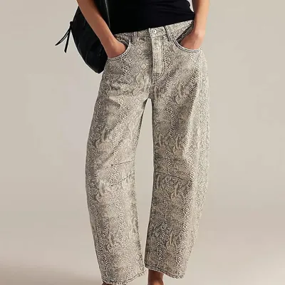Women Fashion Casual Snake Printed Mid-Waist Straight Jeans