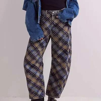 Women Fashion Casual Plaid Printed Mid-Waist Straight Jeans