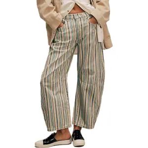 Women Fashion Casual Stripe Printed Mid-Waist Straight Jeans