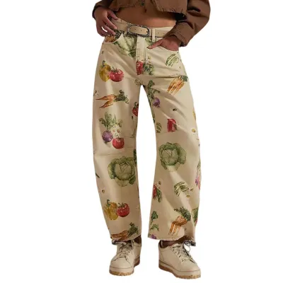 Women Fashion Casual Printed Mid-Waist Straight Jeans