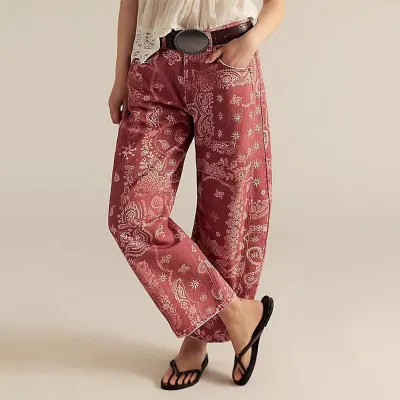 Women Fashion Casual Printed Mid-Waist Straight Jeans