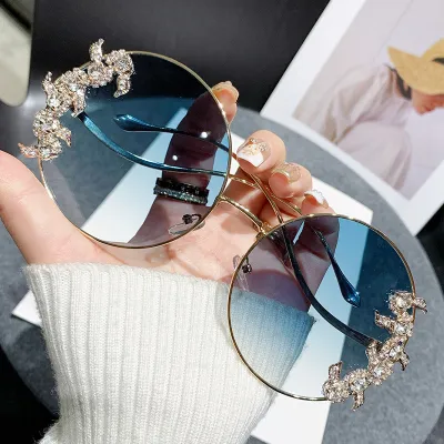 Fashion Rhinestone Rimless Sunglasses with Metal Frame