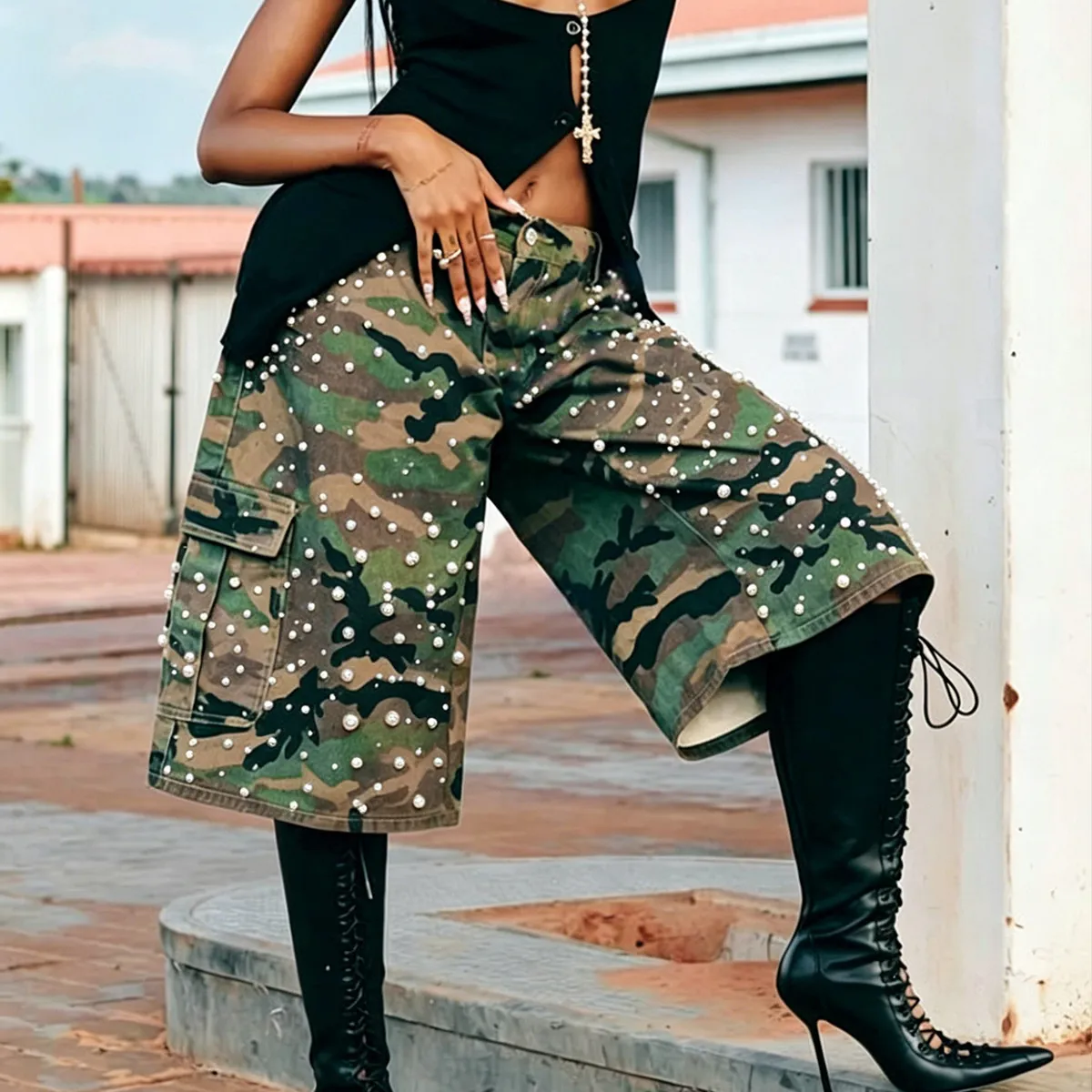 Street Women'S Fashion Beaded Rhinestone Camouflage Cargo Denim Mid-Thigh Shorts