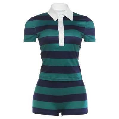 Women Fashion Lapel Top Vintage Stripe Shorts Two-Piece Set