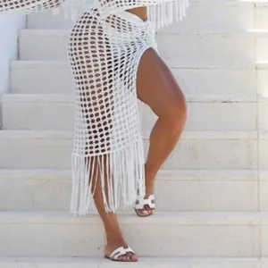 Women Fashion Sexy Solid Color Hollow Perspective Crochet Tassel Side Strap Beach Swimsuit Cover-Ups