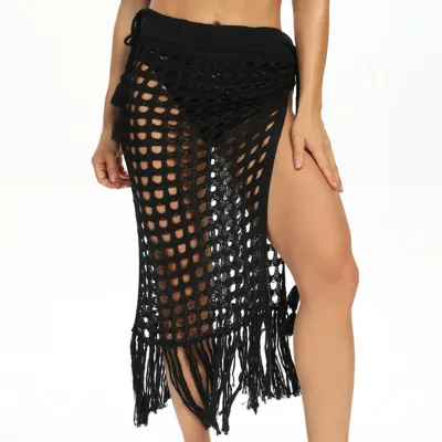 Women Fashion Sexy Solid Color Hollow Perspective Crochet Tassel Side Strap Beach Swimsuit Cover-Ups