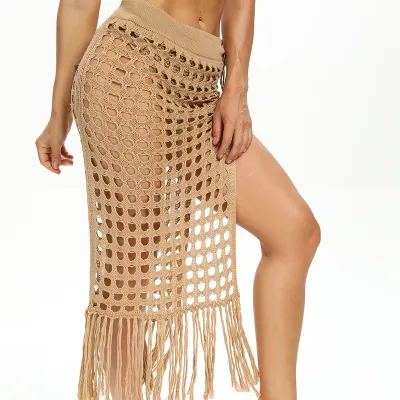 Women Fashion Sexy Solid Color Hollow Perspective Crochet Tassel Side Strap Beach Swimsuit Cover-Ups