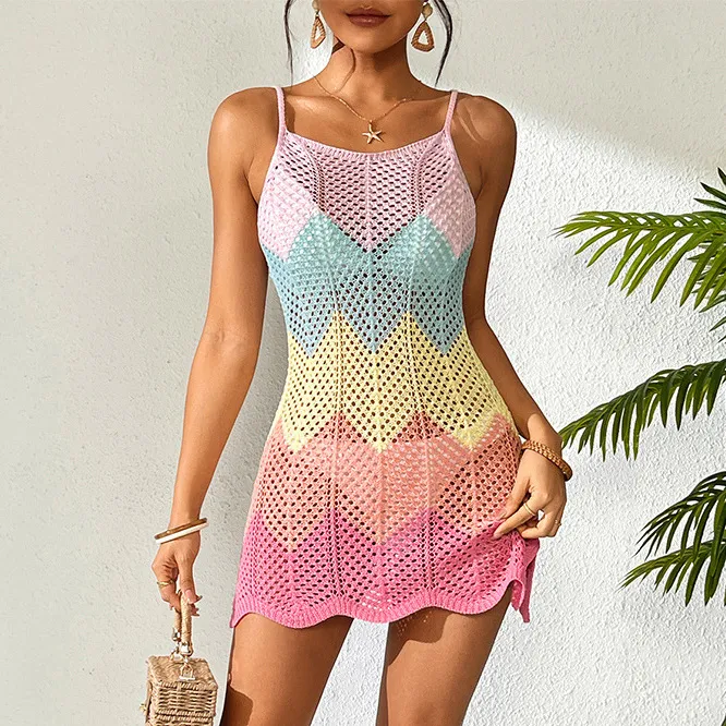 Women Fashion Color Block Hollow Crochet Beach Swimsuit Cover-Ups