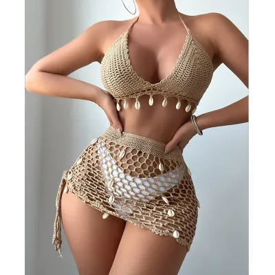 Women Fashion Sexy Summer Solid Color Shell Decoration Crochet Hollow-Out Swimsuit Cover-Ups Set