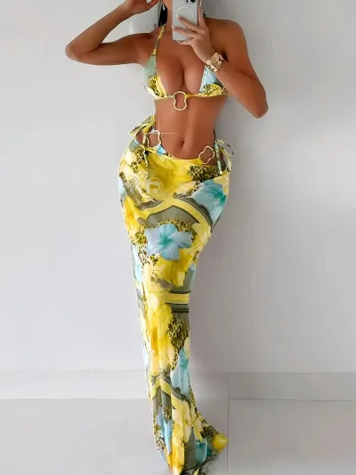 Women Fashion Sexy Printed Metal Buckle Bikini Swimsuit Three-Piece Set