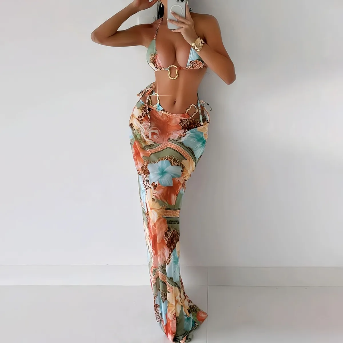 Women Fashion Sexy Printed Metal Buckle Bikini Swimsuit Three-Piece Set