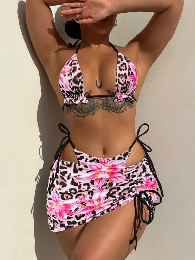 Women Fashion Sexy Flower Printed Bikini Swimsuit Three-Piece Set