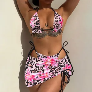Women Fashion Sexy Flower Printed Bikini Swimsuit Three-Piece Set