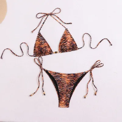 Women Fashion Sexy Leopard Halter-Neck Lace-Up Bikini Swimsuit