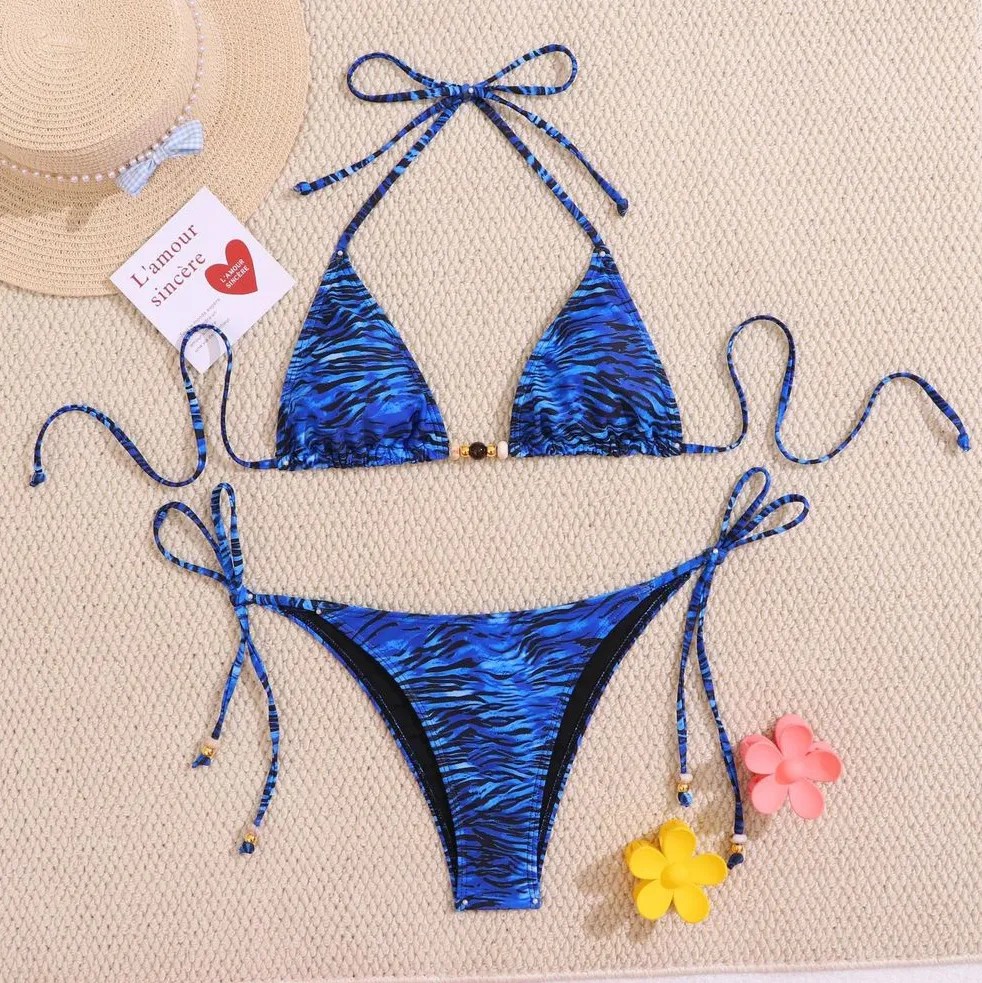 Women Fashion Sexy Leopard Halter-Neck Lace-Up Bikini Swimsuit