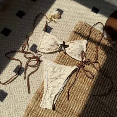 Women Fashion Sexy Sea Star Buckle Mesh Stitching Drawstring Bikini Swimsuit