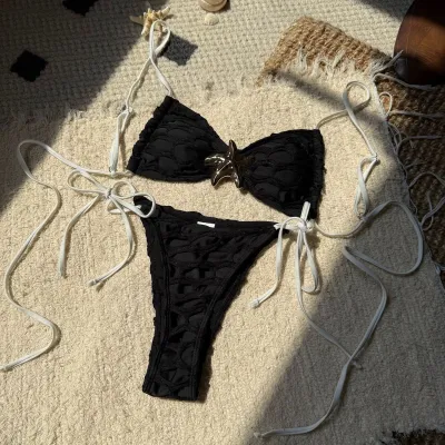 Women Fashion Sexy Sea Star Buckle Mesh Stitching Drawstring Bikini Swimsuit