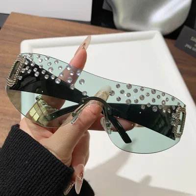 Fashion Frameless Rhinestones Square Sunglasses for Women Metal Frame PC Lens