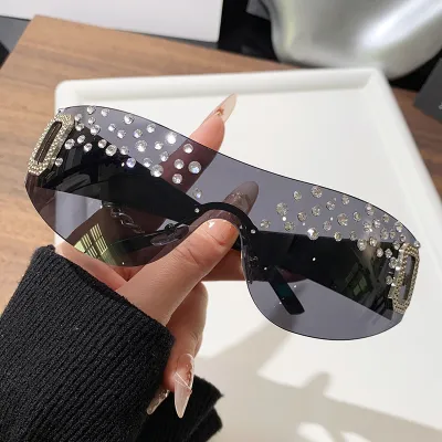 Fashion Frameless Rhinestones Square Sunglasses for Women Metal Frame PC Lens