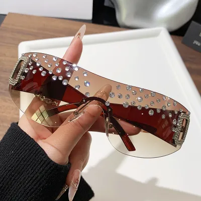 Fashion Frameless Rhinestones Square Sunglasses for Women Metal Frame PC Lens