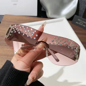 Fashion Frameless Rhinestones Square Sunglasses for Women Metal Frame PC Lens