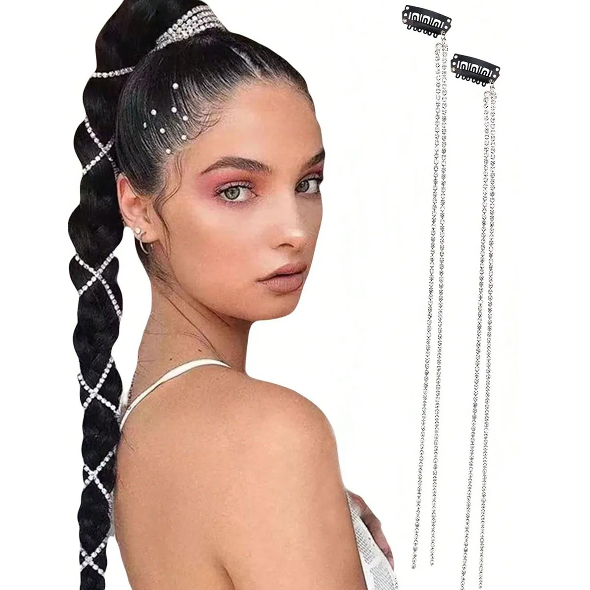 Women Fashion Long Rhinestone Tassel Chain Grab Clip