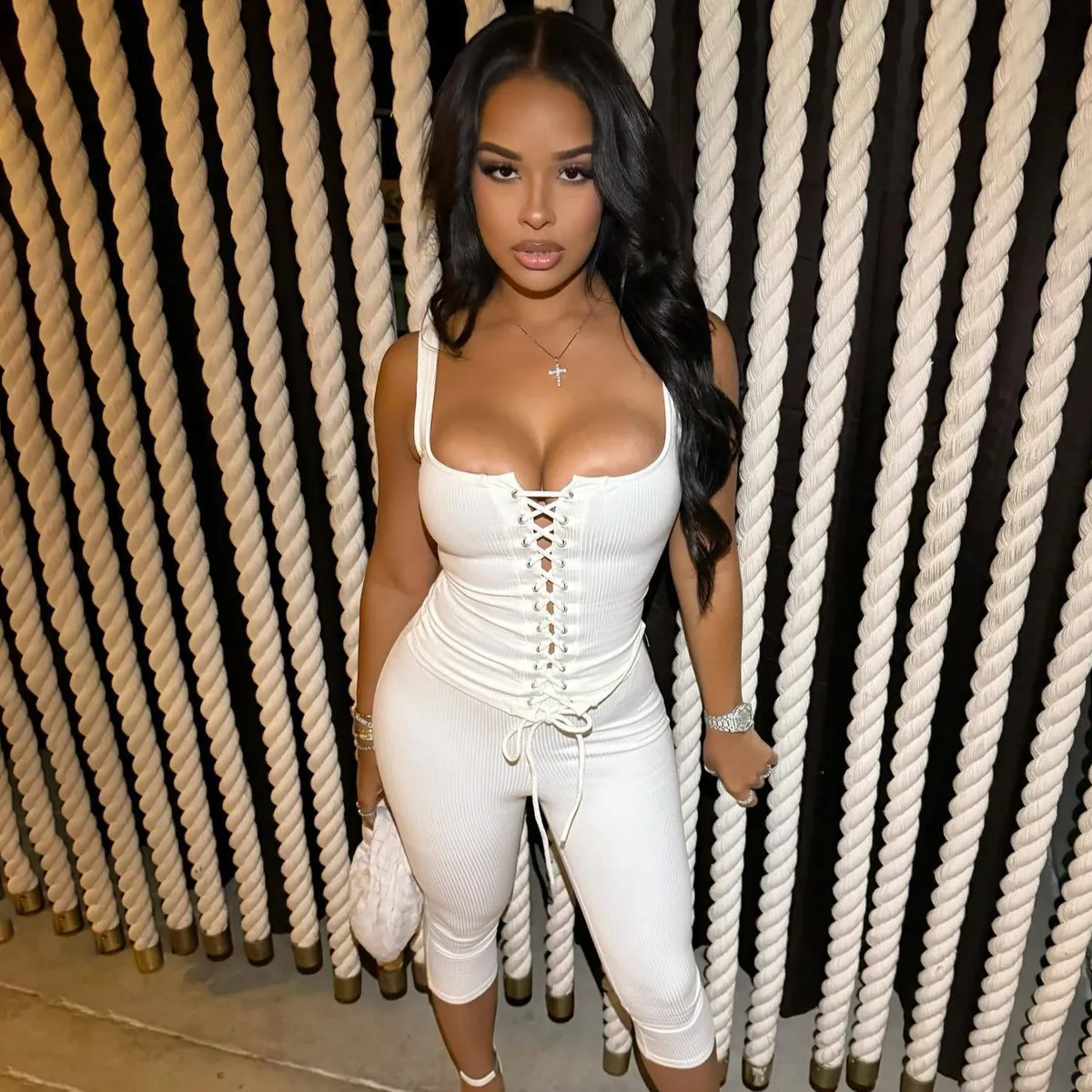 Women Fashion Sexy Summer Solid Color Lace-Up Tank Top Tight Pants Two-Piece Set